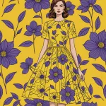 short-sleeved yellow dress with purple flower pattern image